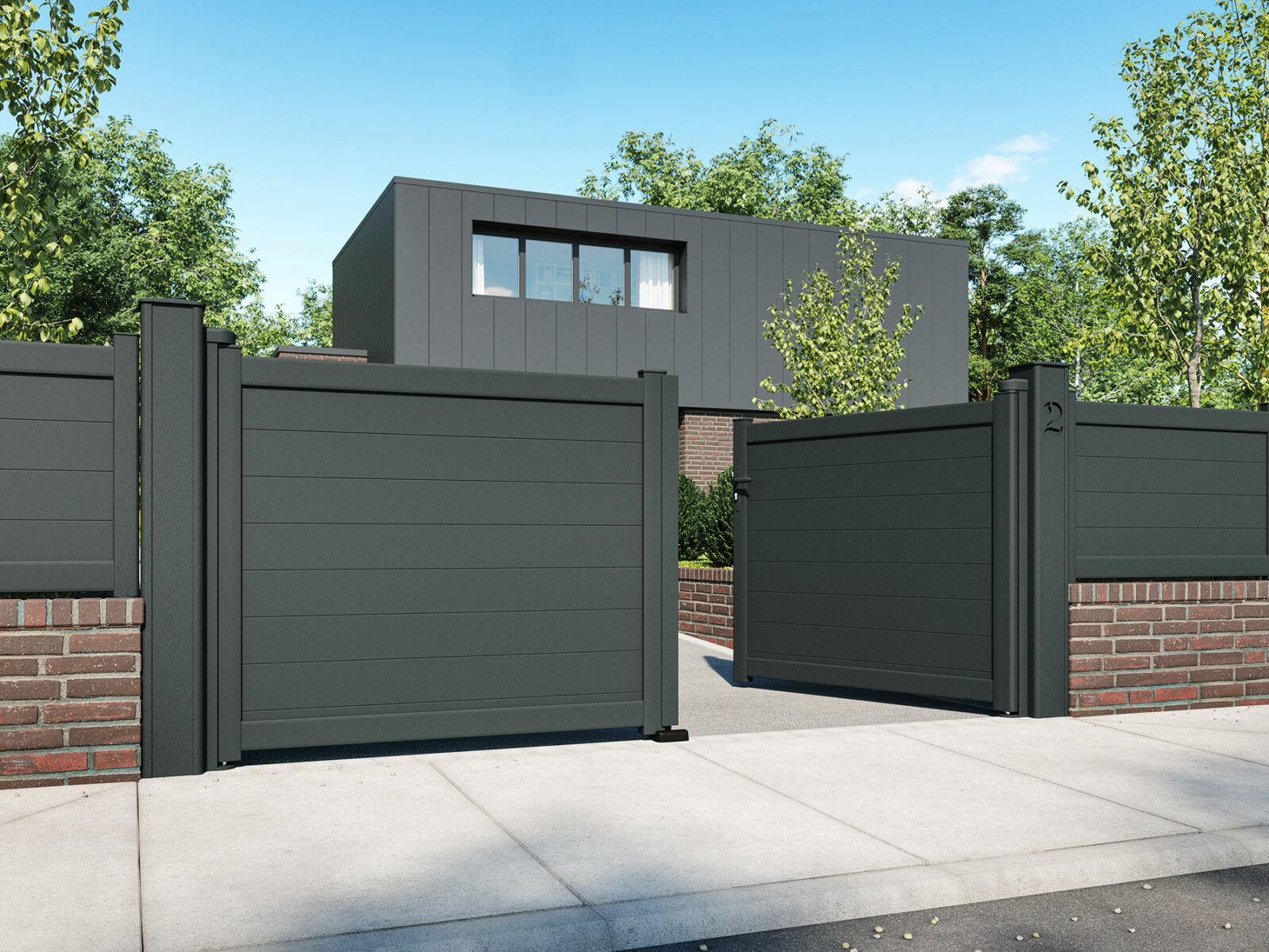 Logiprotec Fenetres Carhaix Plouguer Portail Aluminium Battant Plein Anae Noir Sable 2100 Barreaudage Ana Kostum